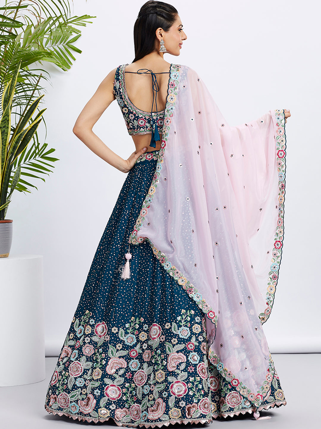 Women Navy blue Pure Chiffon Sequins and thread embroidery  Lehenga choli & Dupatta