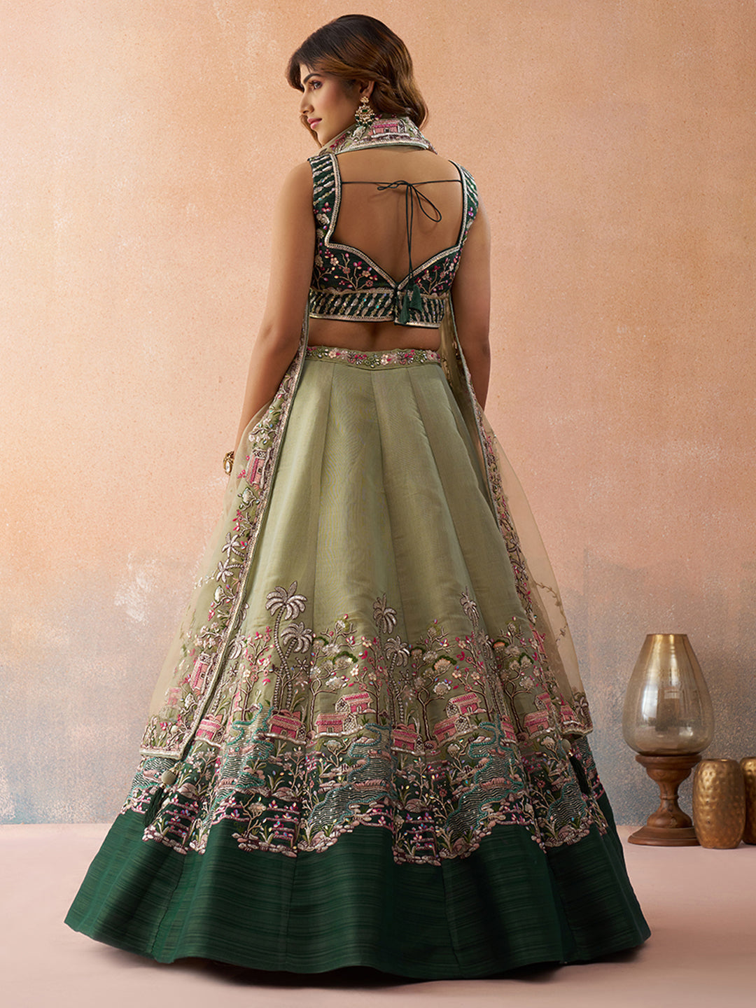 Green- Net Sequins Embroidered Omber Green and LimeGreen Semi-Stitched Lehenga choli & Dupatta