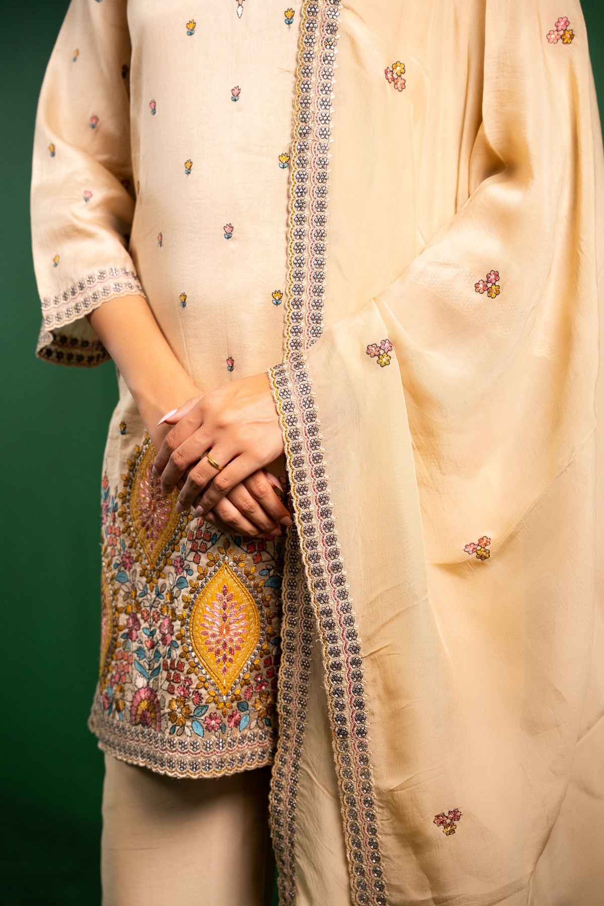 Meher Silk Chanderi Embroidered Beige  Suit Set