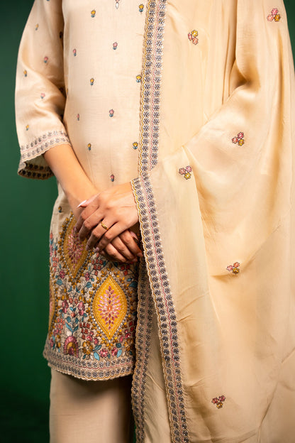 Meher Silk Chanderi Embroidered Beige  Suit Set