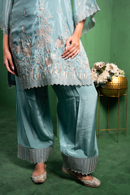 Rang Organza Embroidered Cadet Blue  Kurta with Farsi Salwar
