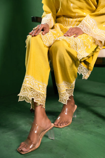 Ruh Mul Chanderi Embroidered Yellow  Suit Set