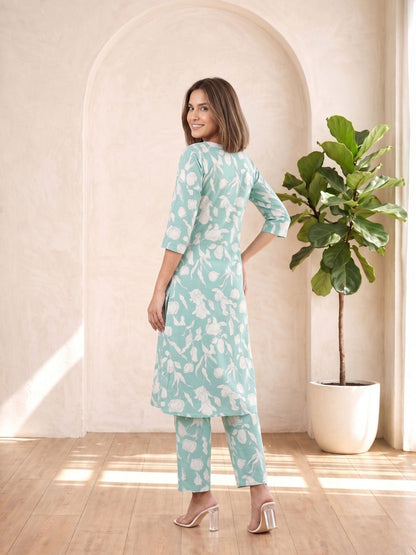 SASHA MINTY PRINTED COTTON KURTA PANT SET