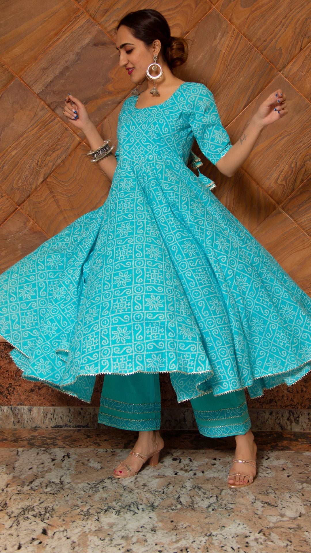 Bandhej Blue Cotton Anarkali Set