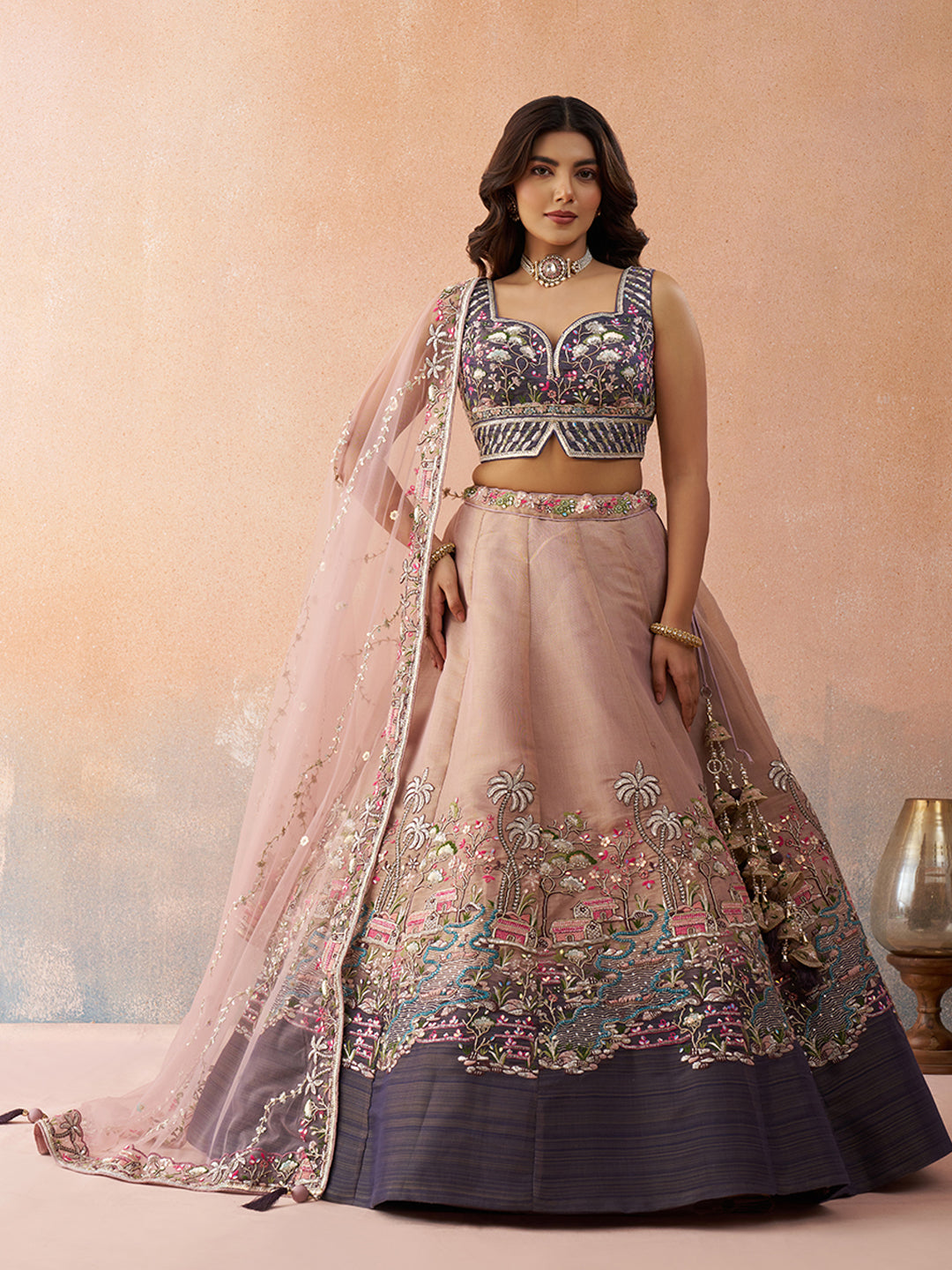 Purple- Net Sequins Embroidered Omber Purple and Mauve Semi-Stitched Lehenga choli & Dupatta