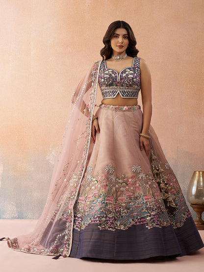Purple- Net Sequins Embroidered Omber Purple and Mauve Semi-Stitched Lehenga choli & Dupatta