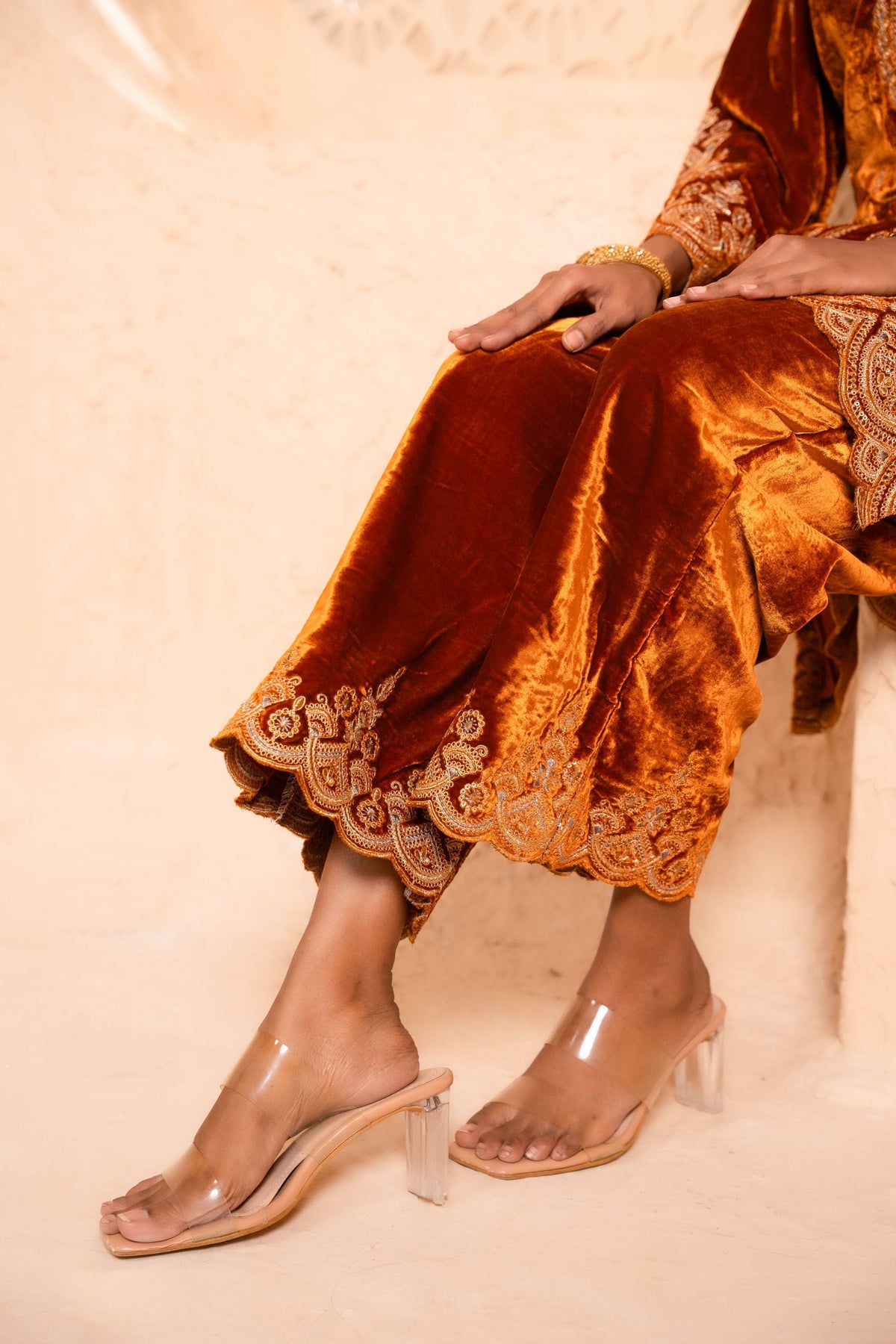 Saaz Silk Velvet Embroidered Rust  Suit Set