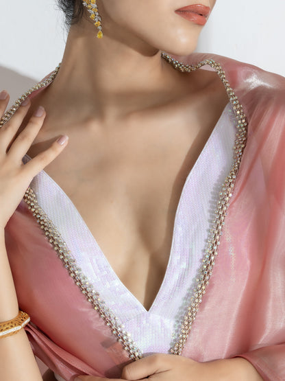 Dhiyona ST Mettalic Bloom Organza Satin Saree  with Diamond Studs and Self Blouse Fabric