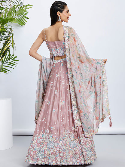 Women Rose gold Chiffon Sequins and thread embroidery  Lehenga choli & Dupatta