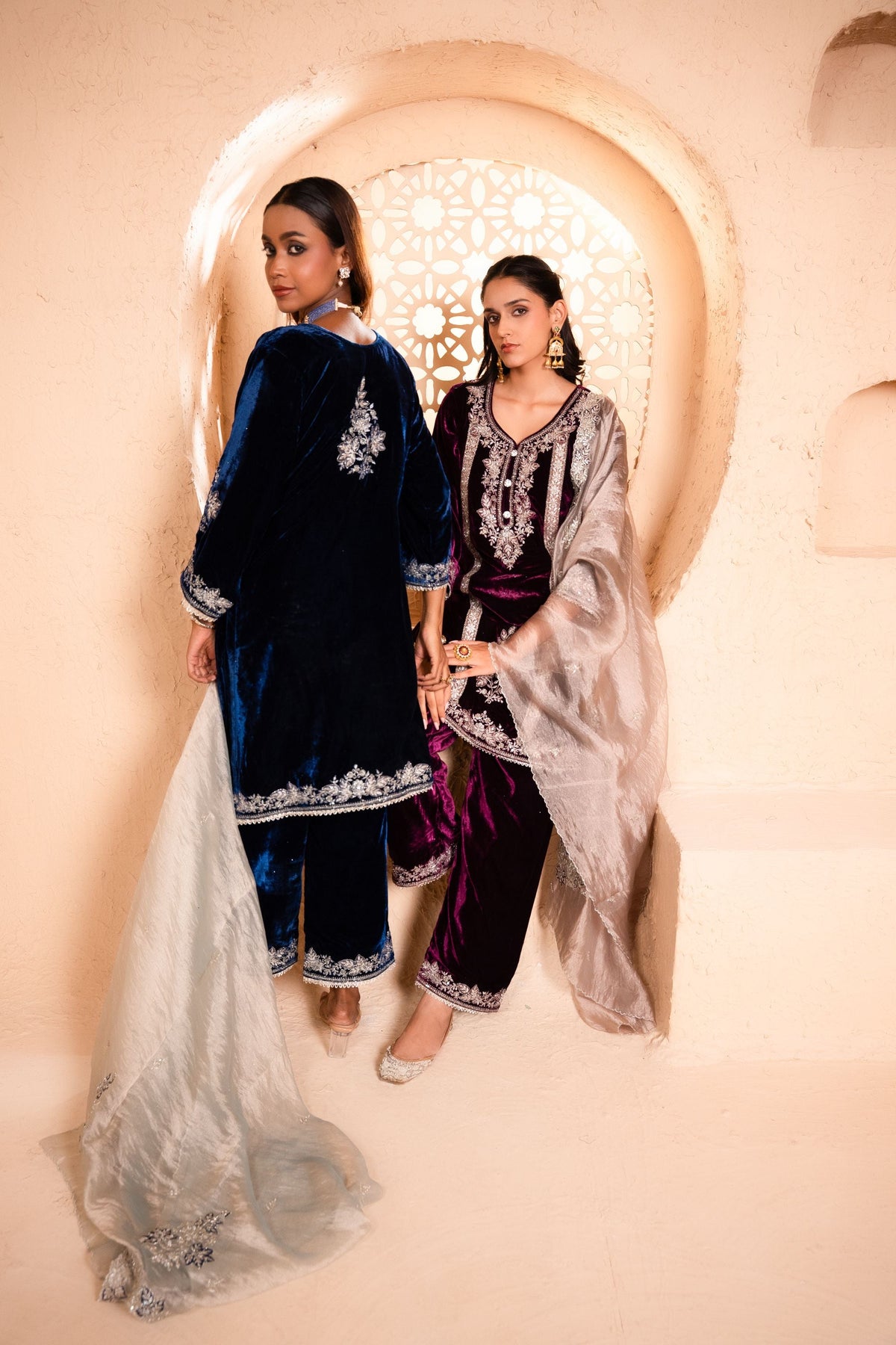 Zariya Silk Velvet Embroidered Navy Blue  Suit Set