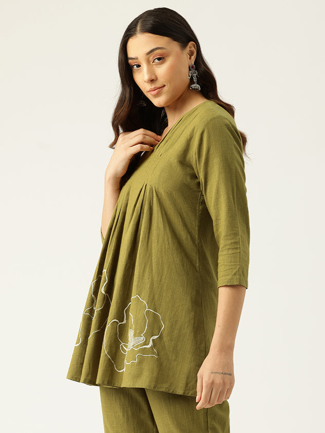 Raya Olive Cotton Embroidered Co-ord Set