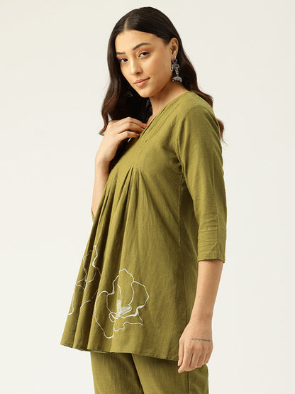 Raya Olive Cotton Embroidered Co-ord Set