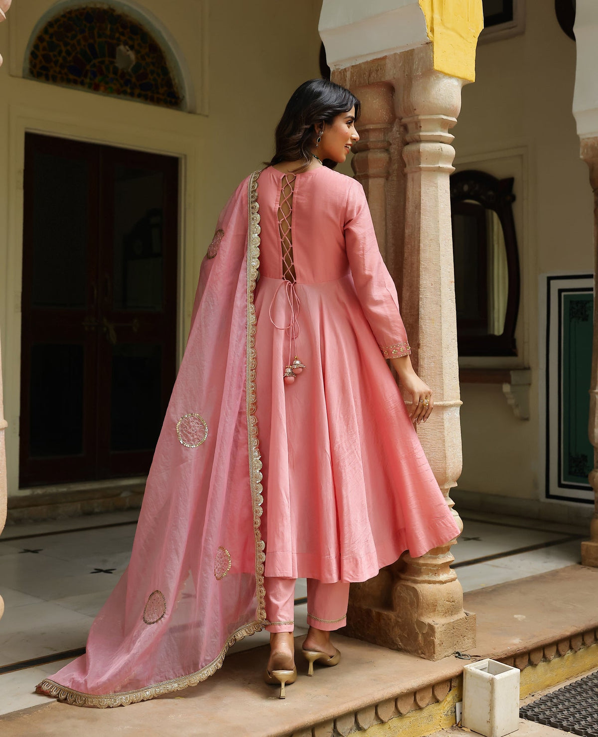 Leher Rose Pink Chanderi Suit Set