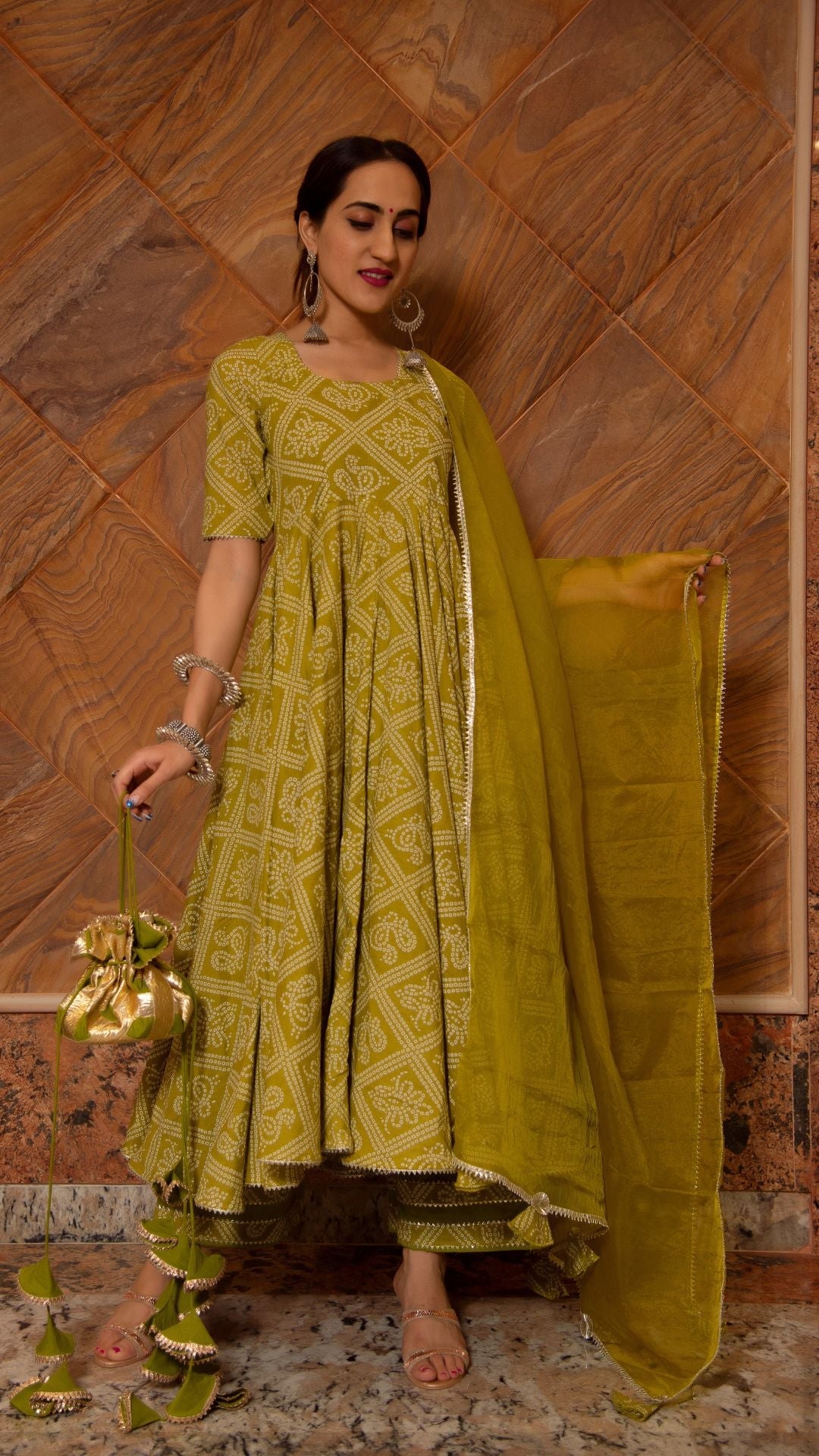 Bandhej Mehendi Green Cotton  Anarkali Set