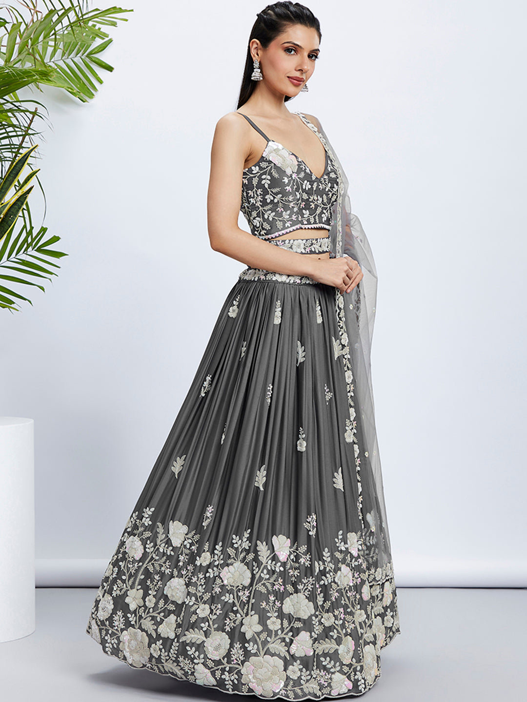 Women Grey Pure Georgette Sequins and thread embroidery  Lehenga choli & Dupatta