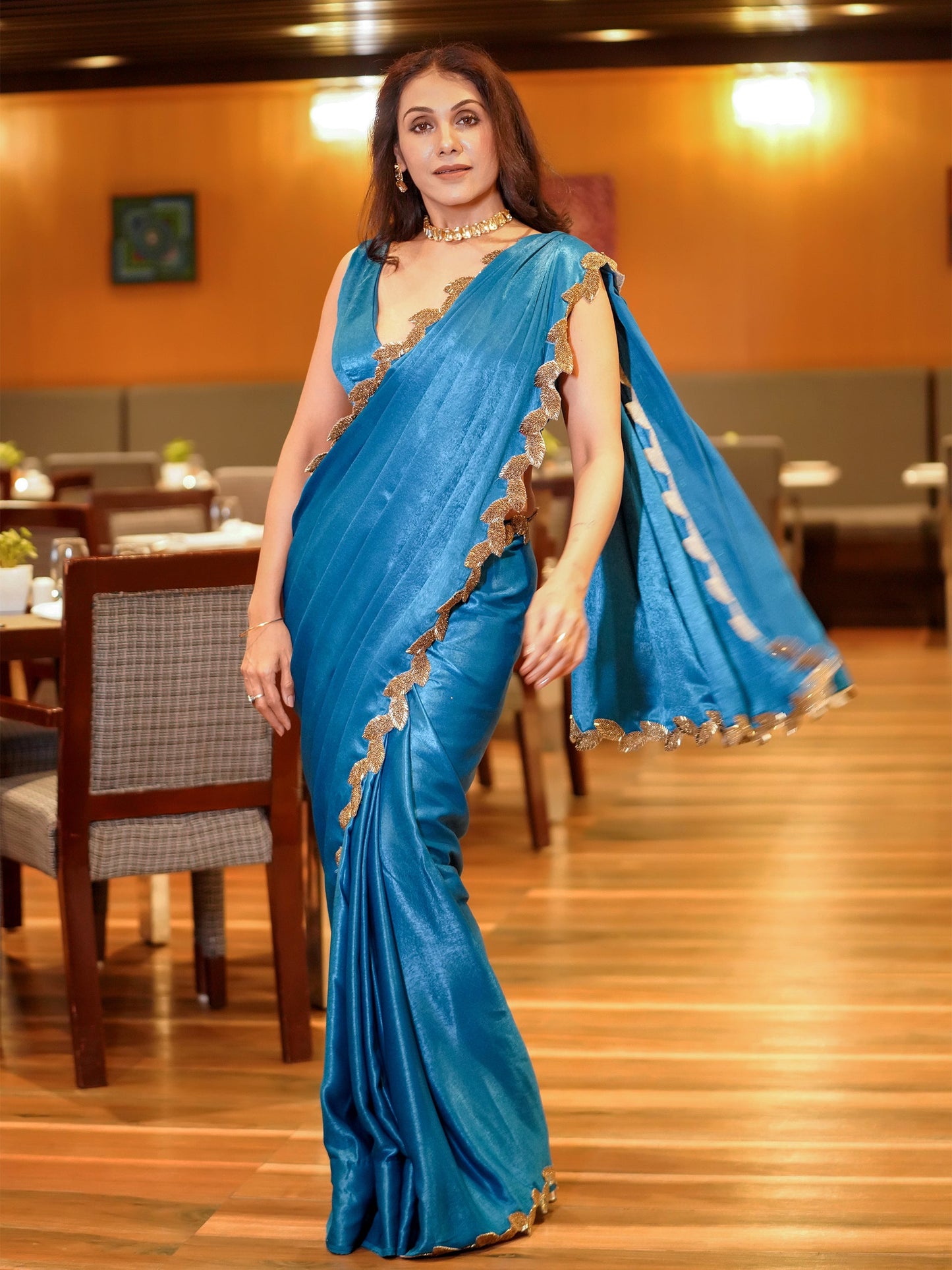 Dhiyona ST Bridal Posh Blue Saree with Bronze Leaf Hand Stitched Lace with Blouse Fabric