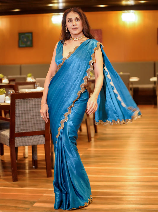 Dhiyona ST Bridal Posh Blue Saree with Bronze Leaf Hand Stitched Lace with Blouse Fabric