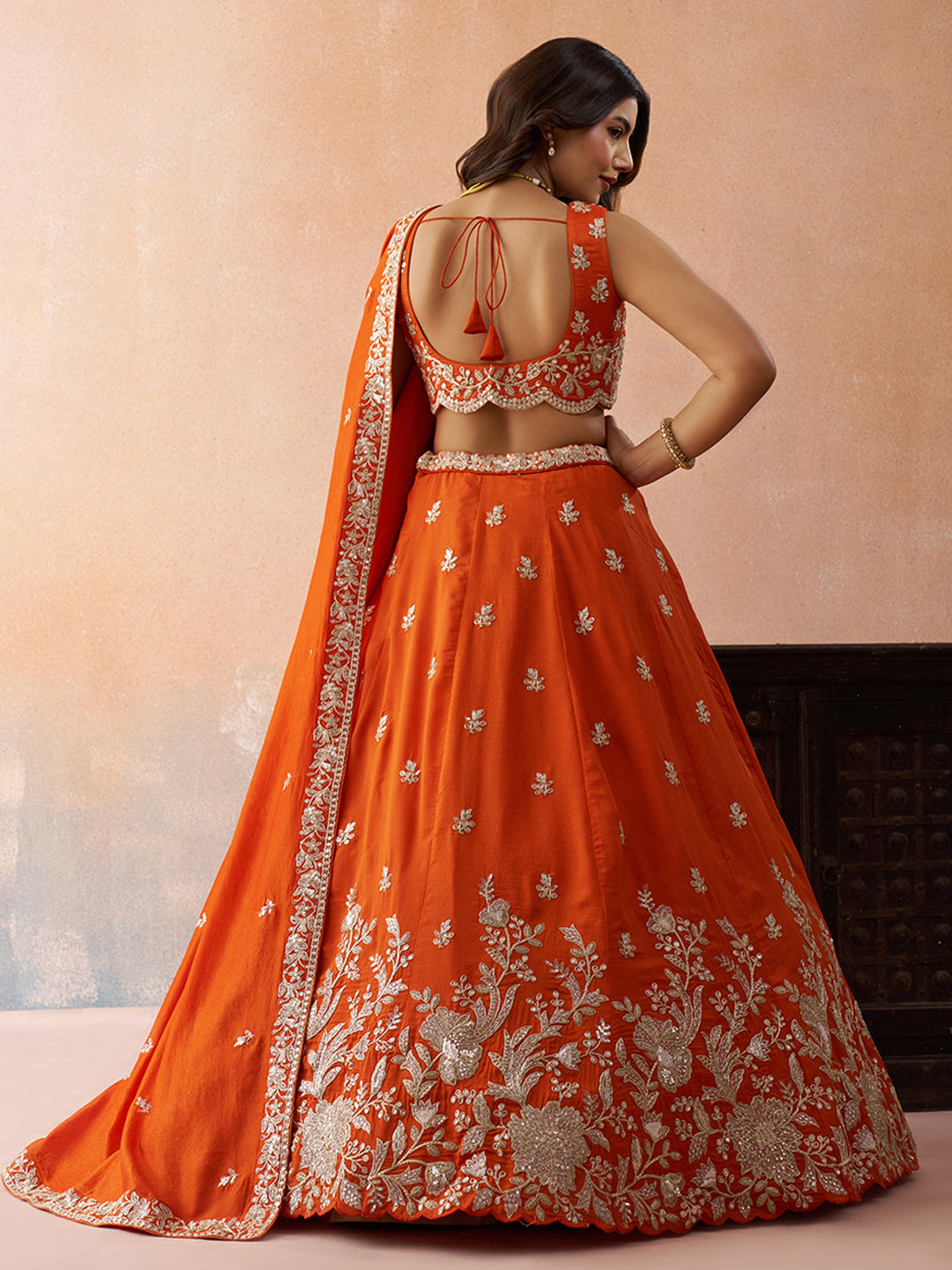 Orange- Tissue Sequinned with Zari Embroidered Semi-Stitched Lehenga & Unstitched Blouse With Dupatta