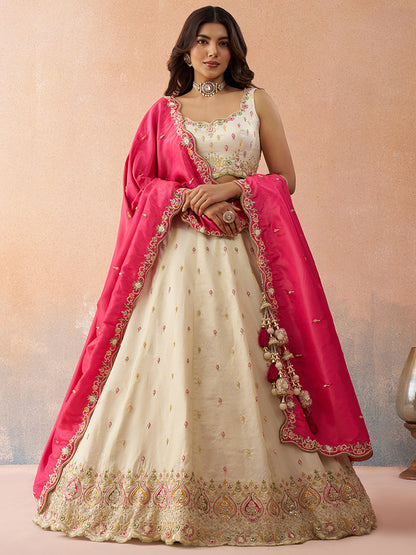 Cream- Cosmos Silk Beads & Sequins Embroidered Semi-Stitched Lehenga & Unstitched Blouse With Dupatta
