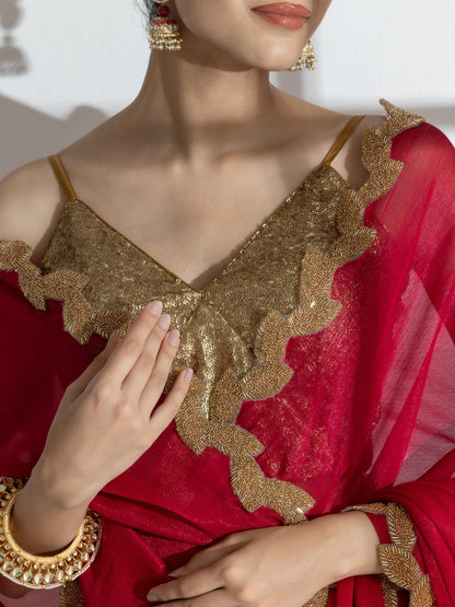 Dhiyona ST Vermilion Red Shimmer Chiffon Saree with Leaf Beaded Lace and Self Blouse Fabric