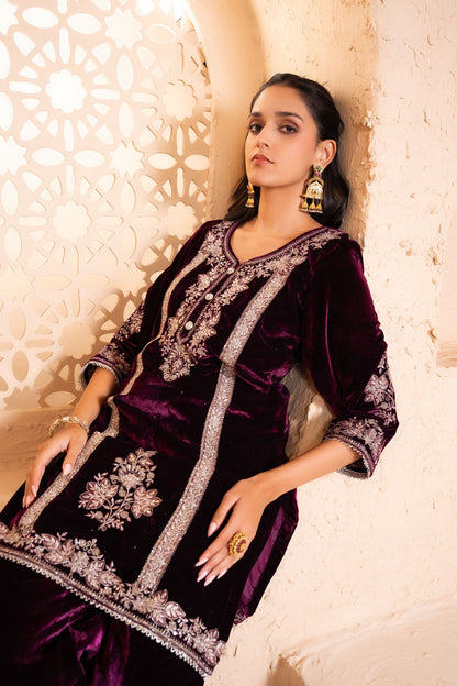 Zariya Silk Velvet Embroidered Wine  Suit Set