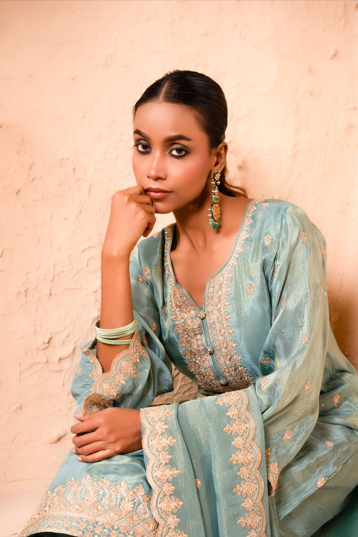 Leher Tissue Embroidered Sky Blue  Suit Set