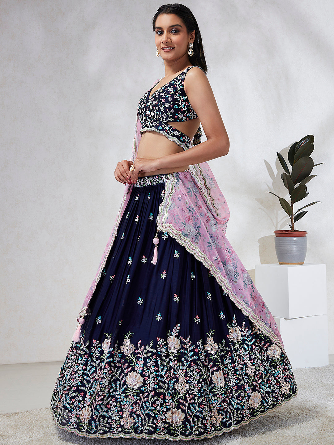 Women Navy Blue Georgette Sequins, Mirror and thread embroidery  Lehenga choli & Dupatta