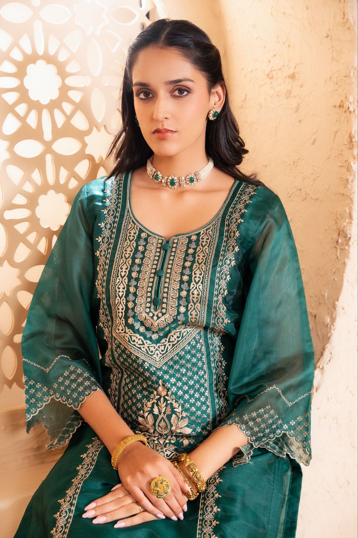 Sanjh Chanderi Embroidered Emerald  Suit Set