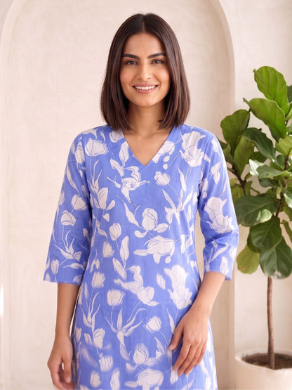 SASHA OCEAN PRINTED COTTON KURTA PANT SET