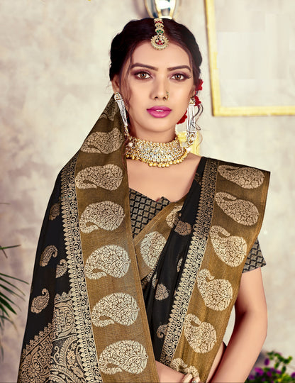Dhiyona GR Women's GJ Black Diamond Jade Black Zari Woven Design Cotton Blend Saree