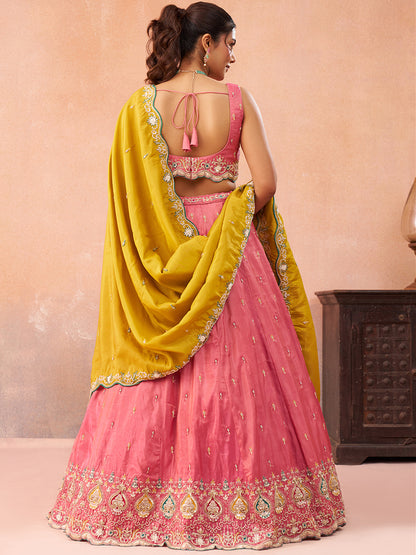 Pink- Cosmos Silk Beads & Sequins Embroidered Semi-Stitched Lehenga & Unstitched Blouse With Dupatta