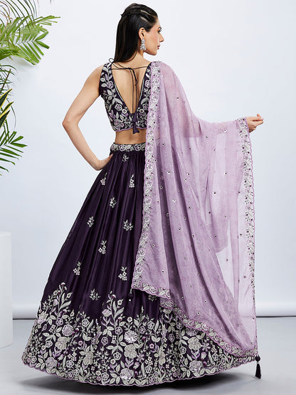 Women Purple Pure Georgette Sequins and thread embroidery  Lehenga choli & Dupatta