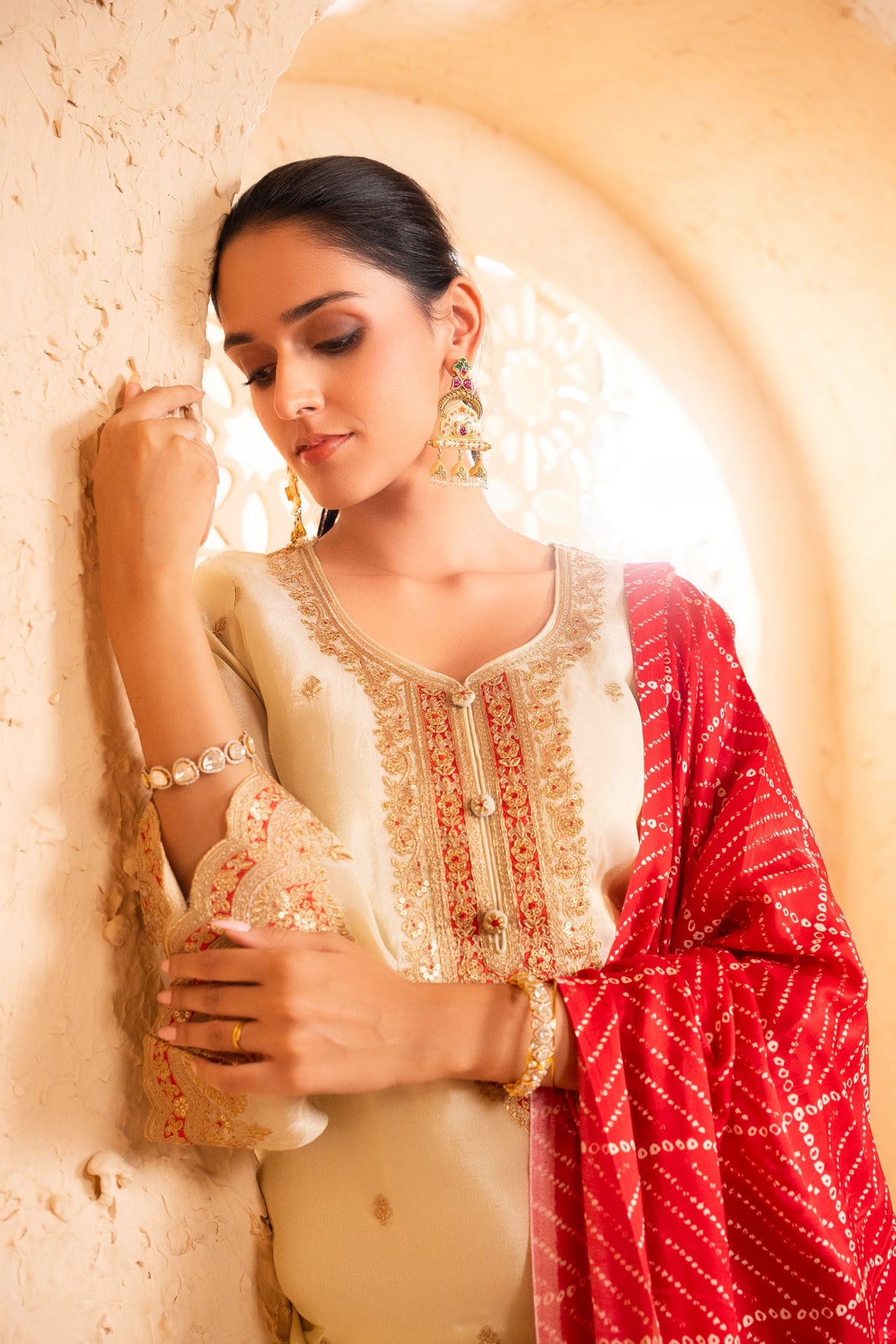 Sargi Tissue Embroidered Cream  Suit Set
