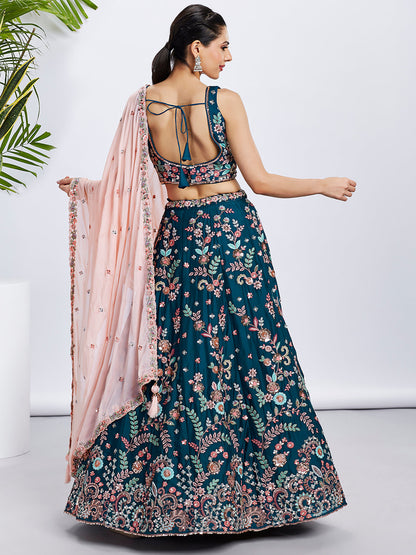 Women Teal Pure Georgette Sequins and thread embroidery  Lehenga choli & Dupatta
