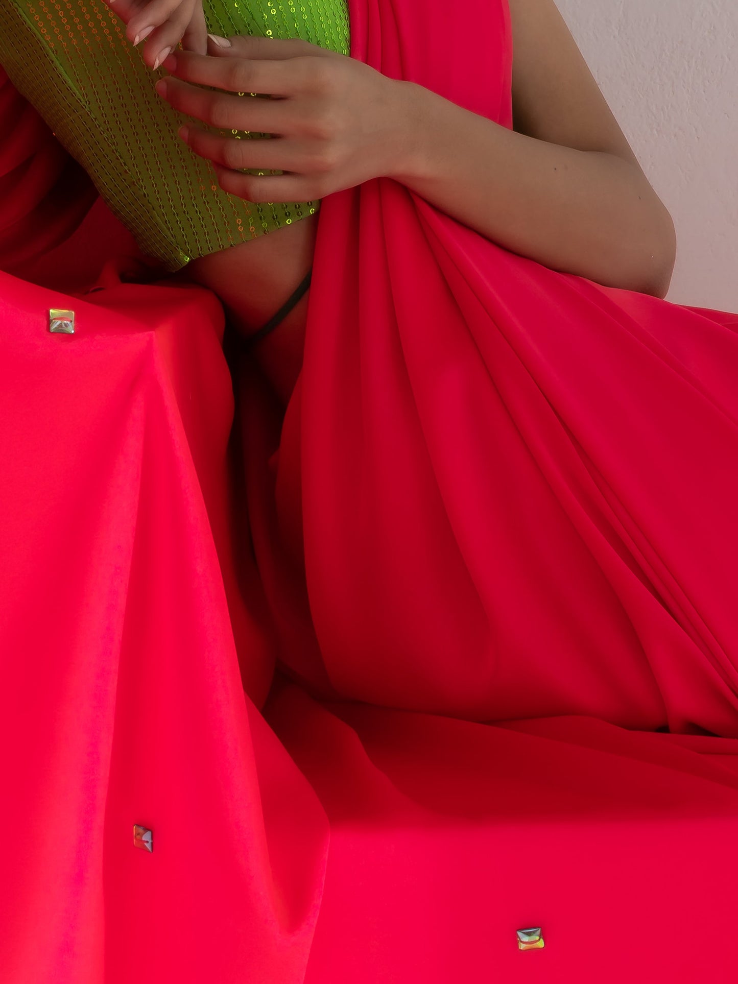 Dhiyona ST Hot Pink Satin Saree with Rainbow Beads and Green Sequin Blouse Fabric