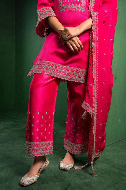 Ehsaas Silk Chanderi Embroidered Raspberry Suit Set