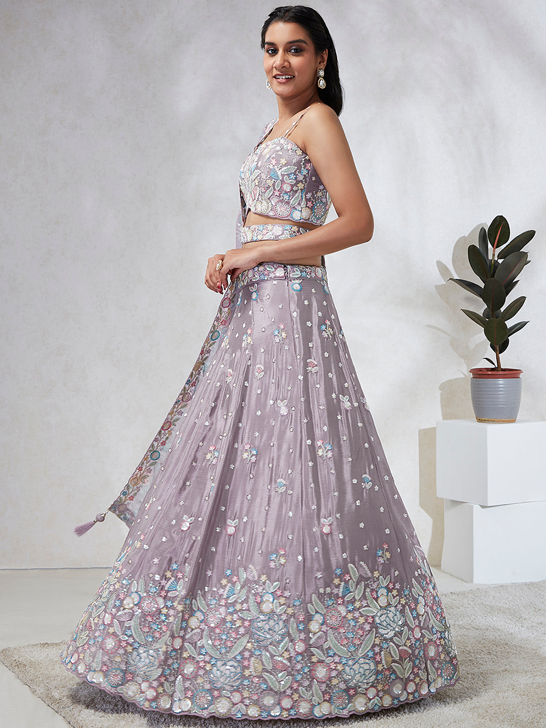 Women Mauve Chiffon Sequins and thread embroidery  Lehenga choli & Dupatta