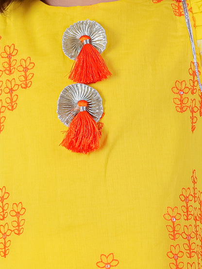 Marigold magic Girls Yellow Cotton Kurta and White Dhoti Ethnic Set