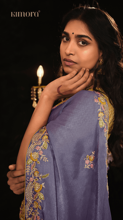 Dhiyona KM Women Purple Heavy Embroidery Designer Silk Saree