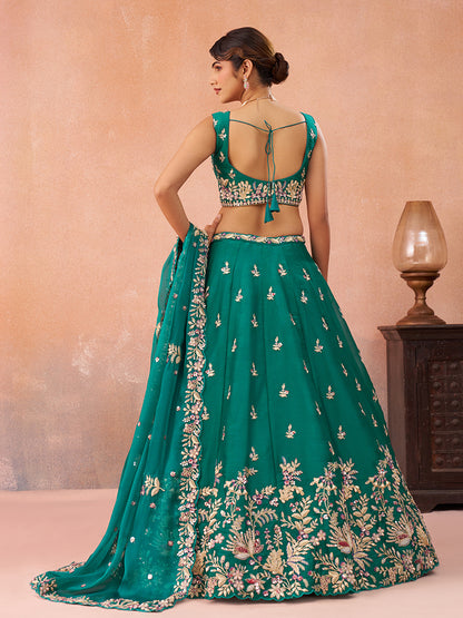 Green- Tissue Sequinned with Zari Embroidered Semi-Stitched Lehenga & Unstitched Blouse With Dupatta