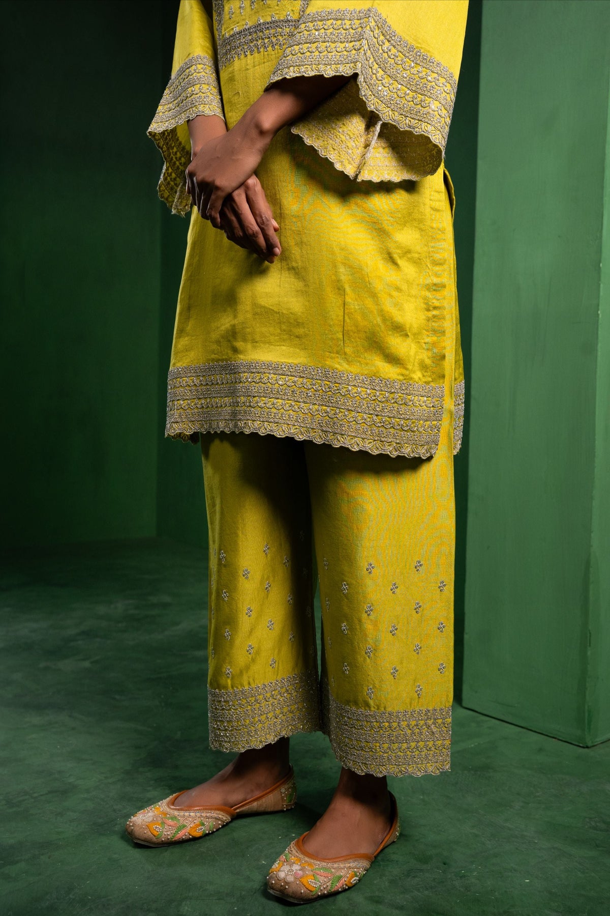 Ehsaas Silk Chanderi Embroidered Lime Green  Suit Set