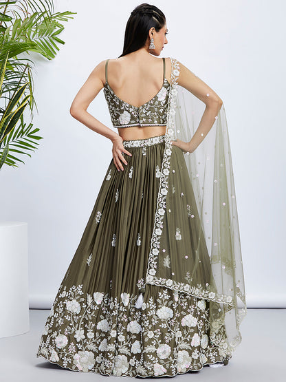 Women Olive Pure Georgette Sequins and thread embroidery  Lehenga choli & Dupatta