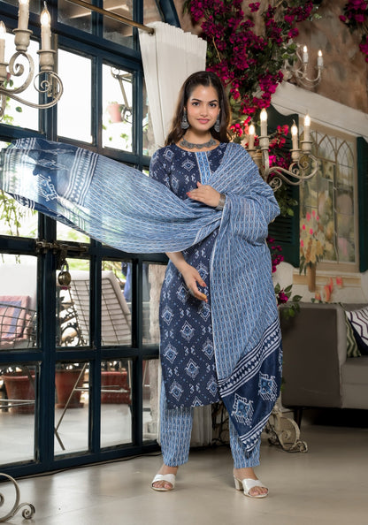 Women Blue Embroidery Viscose Rayon Kurta, Pant And Dupatta Set