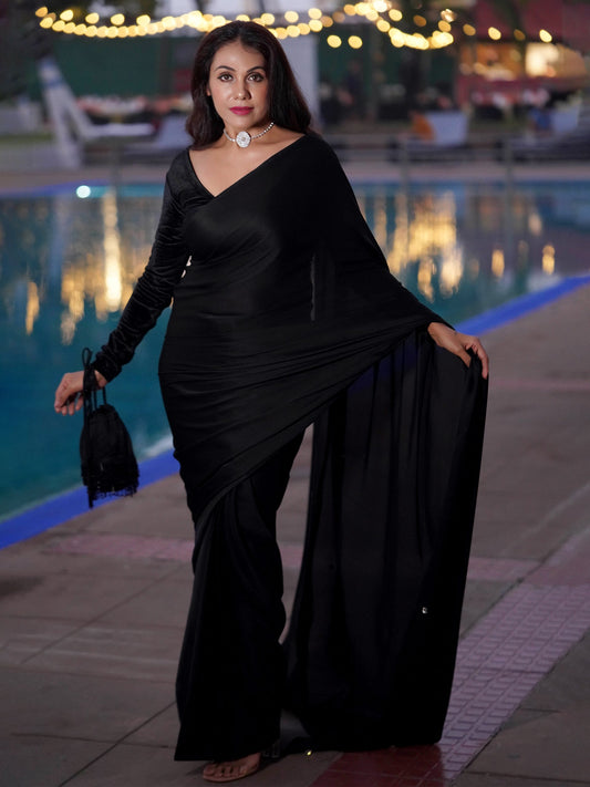 Dhiyona ST Pre-Draped 1-Minute Black Satin Saree with Big diamonds  and Blouse Fabric