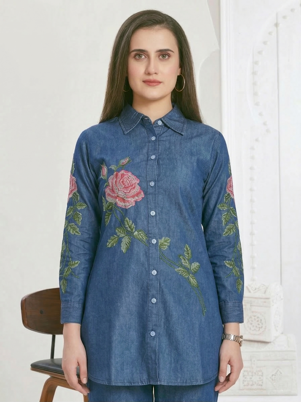 Kipling rose embroidery denim co-ord set