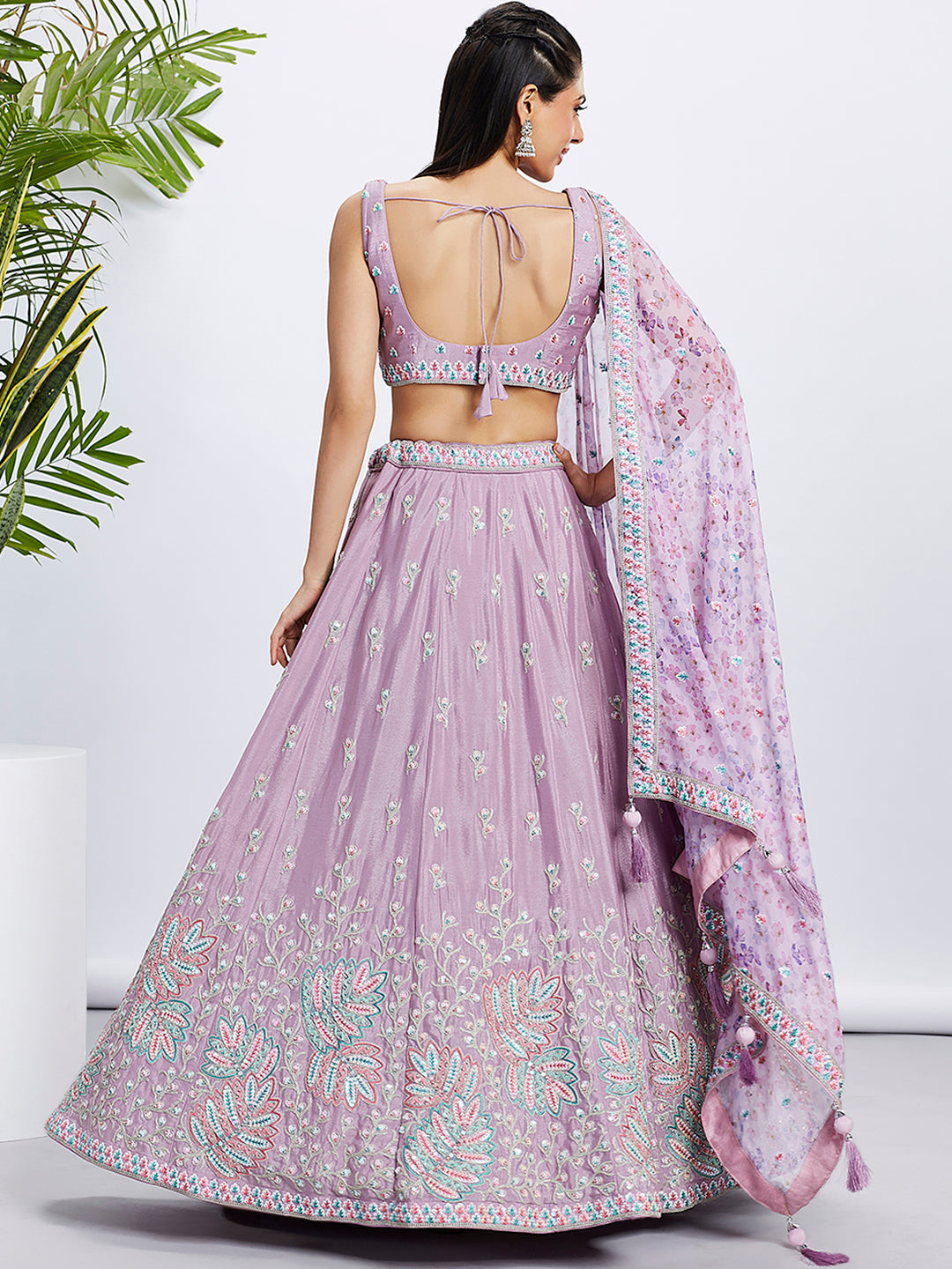 Women Lavender Pure Chiffon Sequins and thread embroidery  Lehenga choli & Dupatta