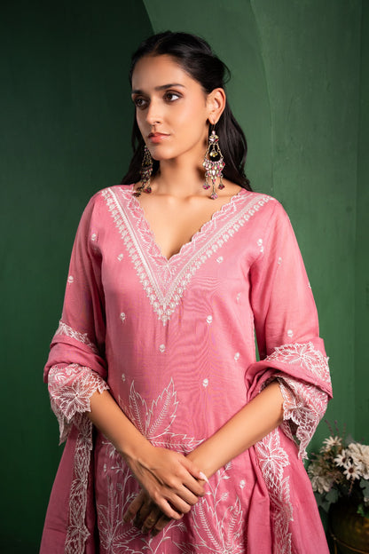 Ruh Mul Chanderi Embroidered Baby Pink  Suit Set