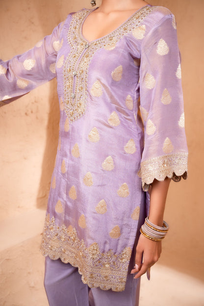Isvan Tissue Embroidered Lavender  Suit Set