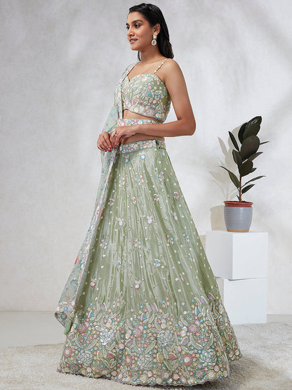 Women Lime green Chiffon Sequins and thread embroidery  Lehenga choli & Dupatta