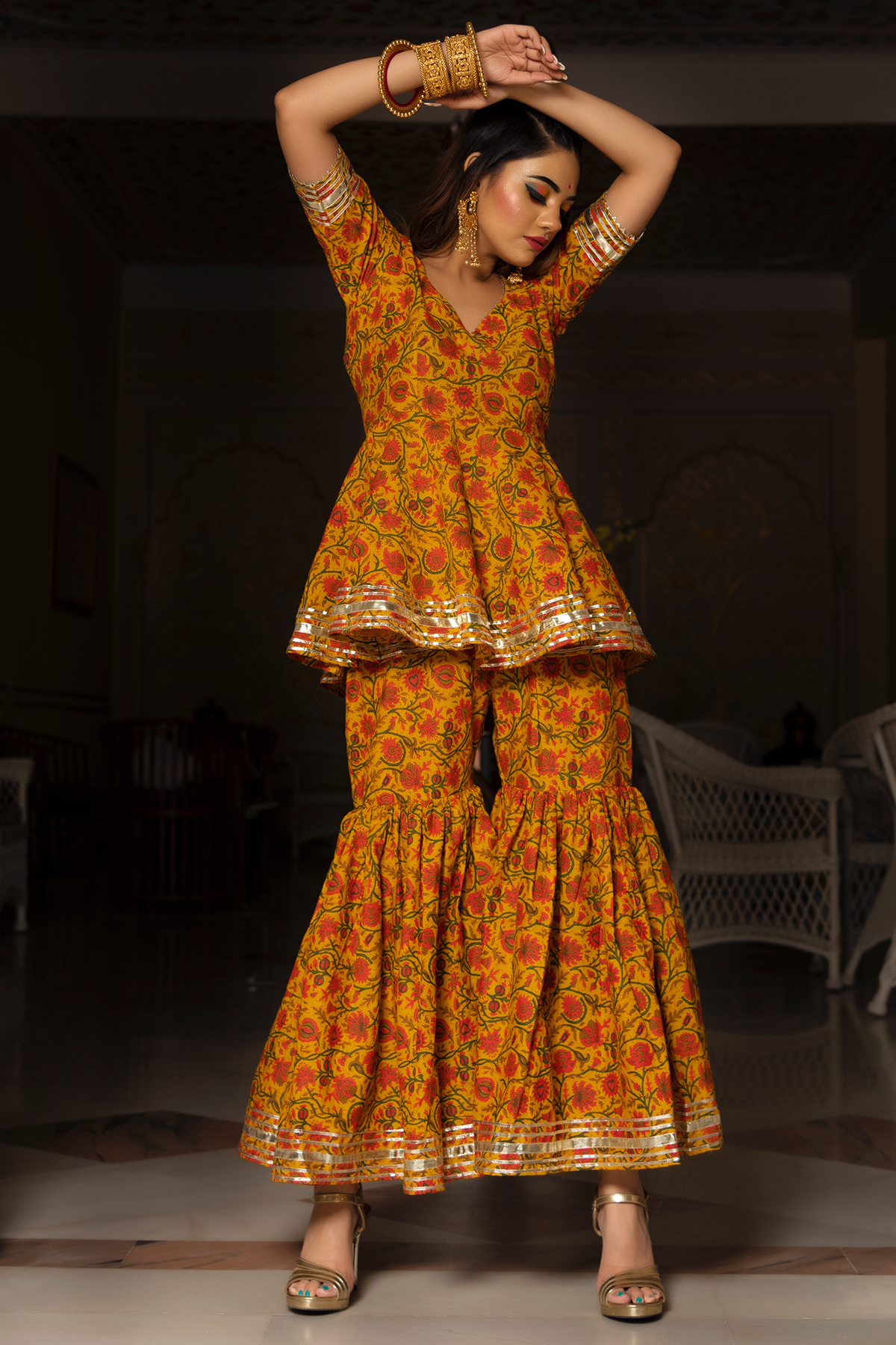 Darpan Mustard  Yellow Hand Block Cotton  Sharara Set